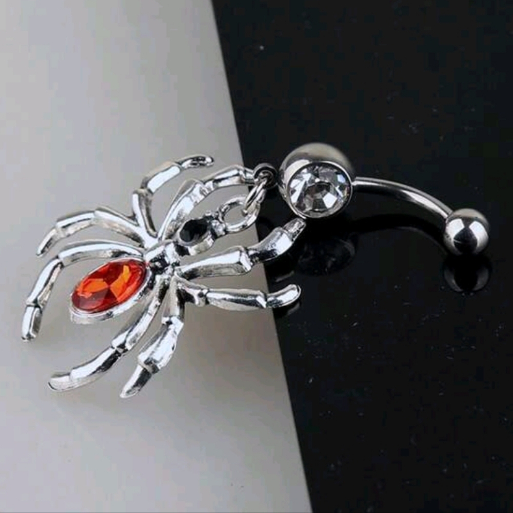 14G Stainless Steel Dangley Spider Bellybutton Jewelry W/Red & Black Gems (OS)